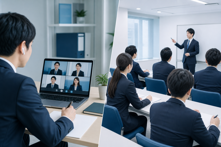 オンライン研修と対面研修の形式を比較検討するビジネスパーソン